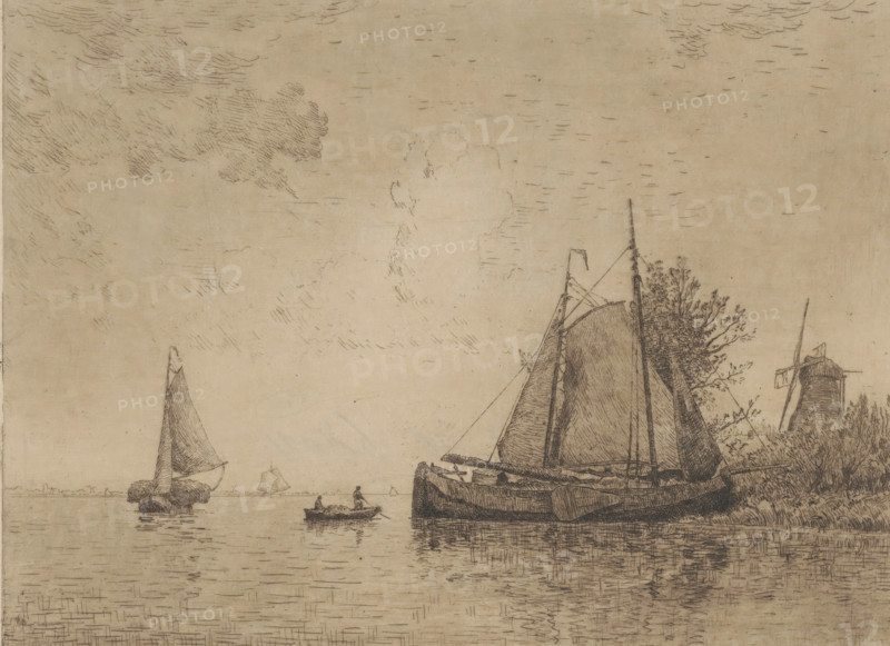 Meuse, View of the Meuse, print, View of the Meuse with two sailboats and a rowboat in the foreground. A mill on the right., printmaker: Alphonse Stengelin (signed by artist), 1862 - 1910, paper, etching, intaglio printmaking technique, etching with plate tone in brown, height 207 mm x width 267 mm, A wide view of a calm water scene showing a large sailboat moored at the right with tall sails and rigging, a smaller boat nearby with two people aboard, and other distant sailboats on the horizon; reeds and a cluster of trees appear along the right bank behind the large boat, and a windmill stands partially visible behind the foliage; the sky above is filled with fine, hatched cloud markings and the water surface reflects the boats and subtle line work.