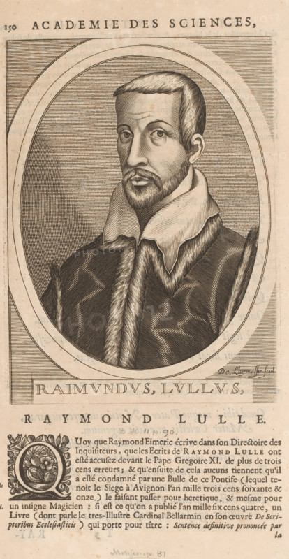Raimundus Lullus, Portrait of Ramon Llull, print, book illustration, printmaker: Nicolas de Larmessin (I), publisher: François Foppens, Brussels, 1682, paper, engraving, letterpress printing, text in letterpress, height 189 mm x width 139 mm, height 318 mm x width 201 mm, Print used for: Bullart, Isaac. Académie des Sciences et Arts contenant les vie et éloges his. the people's illustrations show their excellence and their professions in their environment throughout their lives. Brussels: François Foppens, 1682. The book was also published in Amsterdam in 1682 by the heirs of Daniel Elzevier. Each portrait is an illustration accompanying the biography of an artist or scholar. Most of the portraits were produced by Nicolas de Larmessin (162), 93 by De Boulonois and a third by unidentified printmakers. This concerns an illustration on p. 150, part II., Person, Ramon Llull, historical persons, scholar, philosopher, A sepia-toned engraved portrait shows a man with short hair and a trimmed ...