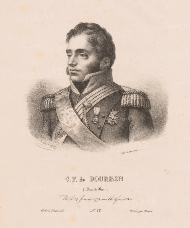 CF de Bourbon, Portrait of Charles Ferdinand of Bourbon, Duke of Berry, Portrait Gallery of Blaisot, Galerie universelle, print, Series number, 22, printmaker: L. Desmarets, printer (person): Pierre François Ducarme, Paris, publisher: Blaisot, 1826 - 1827, printer (person), paper, lithography, height 298 mm x width 216 mm, Person, Karel Ferdinand van Berry, historical persons, A monochrome portrait of a man shown from the chest up wearing a high-collared military uniform with decorative shoulder epaulettes and a sash across his chest, his face turned slightly to the side with short, wavy hair and sideburns, a few medals and ornamental insignia visible on his chest, the image rendered with stippling and shading on a lightly speckled pale paper background.