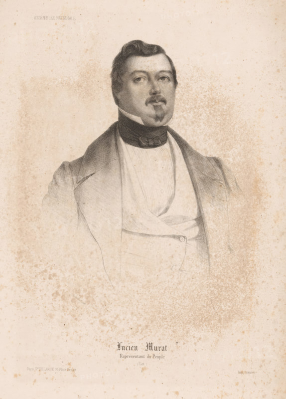 Portrait of the politician Lucien Murat, Lucien Murat, Portraits of members of the National Assembly, Assemblée Nationale, print, printmaker: Romain Cazès, printer (person): Jean-Baptiste Bazile Domnec, Paris, publisher: Delarue & Cie., Victor, 1848, printer (person), paper, lithography, height 375 mm x width 253 mm, Person, Lucien Karel Jozef Napoléon Murat (prince), historical persons, A faded pencil portrait of a man shown from the chest up wearing a dark high collar and a light waistcoat beneath a coat, his hair dark and swept back, a mustache and small goatee on his face, and a lightly speckled background with scattered darker age spots across the page.