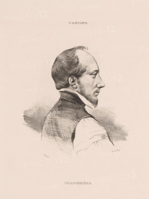 Chaponnière, Portrait of Jean-Étienne Chaponnière, print, printmaker: Pierre François Eugène Giraud, printer (person): Georges Jean Frey, Paris, 1835, printer (person), paper, lithography, height 294 mm x width 223 mm, Print used for: L'Artiste, 1835., Person, Jean-Etienne Chaponnière, historical persons, A pencil portrait of a man shown in profile facing right, with a high forehead, short wavy hair at the top and longer at the back, a neatly trimmed beard on his chin and slight sideburns, wearing a high-collared shirt and a dark vest with visible crosshatched shading, the shoulders and upper torso sketched with softer strokes and shadowing, all set against a light, mostly empty background.