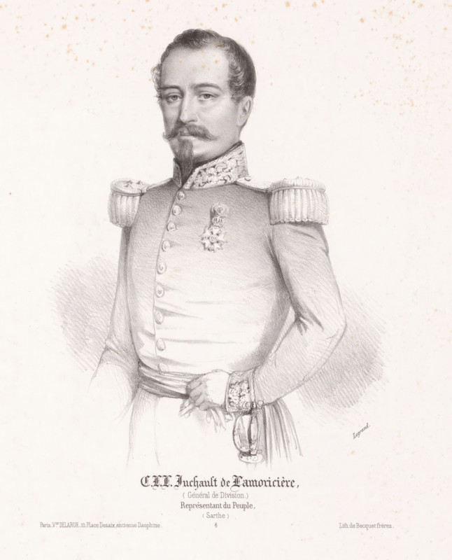 Portrait of Louis Juchault de Lamoricière, CLL Juchault de Lamoricière, Portraits of members of the National Assembly, Assemblée Nationale, print, Series number, 6, printmaker: Auguste Legrand, printer (person): Becquet frères, Paris, publisher: Delarue & Cie., Victor, 1848 - 1849, printer (person), paper, lithography, height 395 mm x width 267 mm, Person, Christophe Léon Louis Juchault de Lamoricière, historical persons, A monochrome portrait drawing of a man in a historical military uniform shown from the waist up, featuring detailed facial hair with a mustache and pointed beard, neatly combed hair, and a composed expression. He wears an ornate high collar with embroidered decoration, epaulettes on the shoulders with fringe, a double-breasted coat with visible buttons, and a decorative medal on the chest. One hand rests near the waist holding a sash and the hilt of a sword with a detailed pommel, while the other arm is bent at the elbow. The background is plain with faint speckled di...