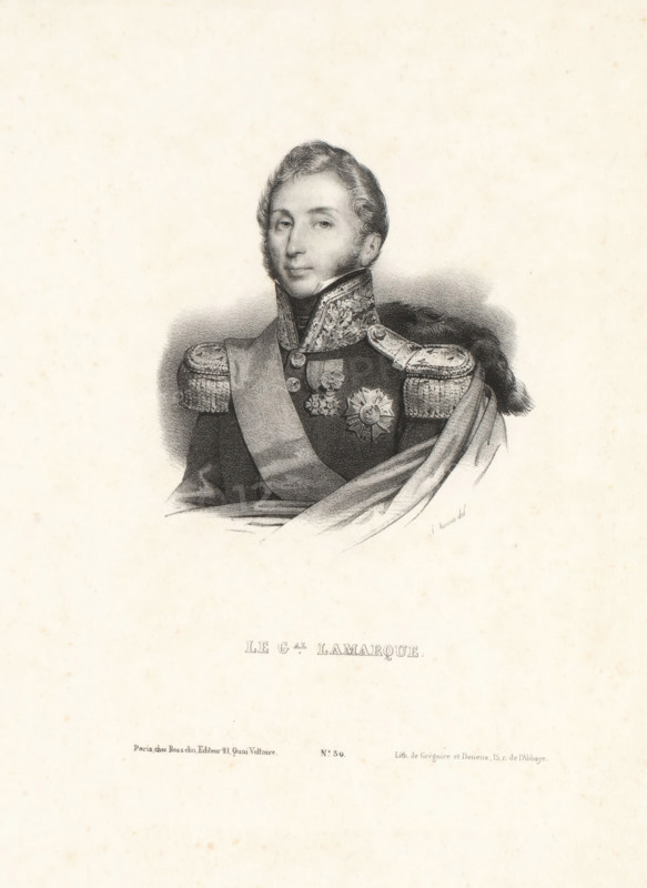 Le gal. Lamarque, Portrait of Jean Maximilien Lamarque, print, Numbered below: No. 30., printmaker: Antoine Maurin, printer (person): Grégoire et Deneux, Paris, publisher: V. Rosselin, 1832, printer (person), paper, lithography, height 359 mm x width 262 mm, Person, Jean Maximilien Lamarque, historical persons, A grayscale portrait of a man shown from the chest up wearing an ornate military uniform with a high embroidered collar, epaulettes, a sash across his chest, and decorative medals pinned to his jacket; his hair is styled short and wavy, his expression is neutral, and a draped fabric appears over one shoulder with a fur or plume behind it, all set against a plain light background.