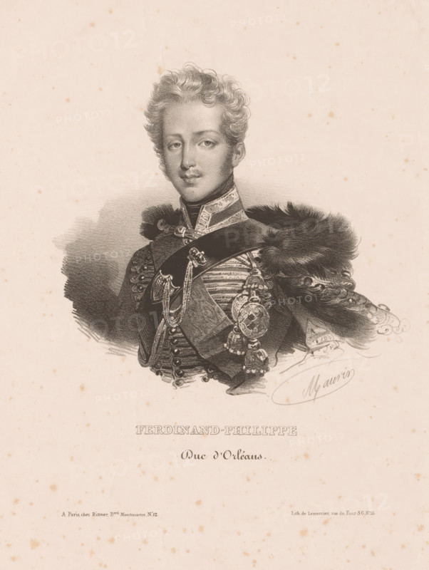 Portrait of Ferdinand-Philippe, Duke of Orléans, Ferdinand-Philippe, duc d'Orléans, print, printmaker: Nicolas Maurin, printer (person): Joseph Rose Lemercier, Paris, publisher: Henri Rittner, 1829 - 1840, Nicolas Maurin, Joseph Rose Lemercier, Henri Rittner, printmaker, printer (person), publisher, paper, lithography, height 365 mm x width 276 mm, Person, Ferdinand Filips (Duke of Orléans), historical persons, A monochrome engraved portrait of a young man shown from the chest up wearing a decorated military uniform with ornate braiding, medals, and a fur-trimmed cloak, his face framed by short curly hair and presenting a neutral expression while looking slightly toward the viewer, set against a plain background with scattered foxing spots and a larger area of shading behind the figure.
