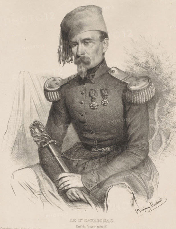 Le gal. Cavaignac, chef du Pouvoir exécutif, Portrait of General Louis-Eugène Cavaignac, Souvenirs d'Afrique, Memories of Africa, print, printmaker: Benjamin, printer (person): Auguste Bry, Paris, publisher: Gihaut frères, 1842, Benjamin, Auguste Bry, Gihaut frères, printmaker, printer (person), publisher, paper, chine collé, lithography, lithography with planing technique on chine collé, height 411 mm x width 306 mm, Person, Louis-Eugène Cavaignac, historical persons, commander-in-chief, general, marshal, A seated man in a detailed monochrome drawing wears a high-collared military coat with decorative shoulder epaulettes and two star-shaped medals on his chest, a tasseled cylindrical cap tilted to one side, a narrow pointed beard and mustache, and holds a sword with an ornate guard resting across his lap; folds of fabric and a patterned cushion appear behind him, and the image shows fine shading and pencil or charcoal line work.