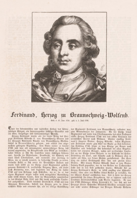 Portrait of Ferdinand Duke of Brunswick-Wolfenbüttel, Portraits of German monarchs, print, book illustration, printmaker: Hugo Bürkner, after design by Eduard Ihlée, publisher: Georg Wigand, Leipzig, 1854, Saxony, paper, wood engraving, height 110 mm x width 92 mm, Page from: Bechstein, 1854. Print with different text used in: Gaedertz, 1890. In the 1890 edition, the title page states that the prints were made by Hugo Bürkner., Person, Ferdinand Duke of Brunswick-Wolfenbüttel, historical persons, A sepia-toned printed page showing a framed engraved portrait of a person with curled hair and a high-collared garment, the face rendered with fine crosshatching and shading, the portrait placed above a block of dense printed text in a decorative blackletter-style heading and smaller serif paragraphs, with the paper showing an aged texture and faint background marks.