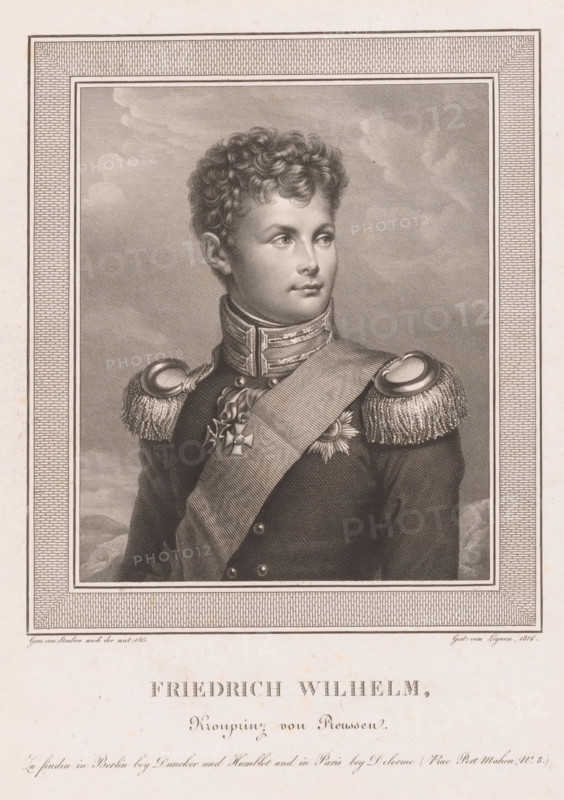 Friedrich Wilhelm, Kronprinz von Preussen, Portrait of Frederick William IV, King of Prussia, print, printmaker: Etienne Frédéric Lignon, after painting by Carl von Steuben, publisher: Duncker & Humblot, Berlin, publisher: Delorme, Paris, 1816, paper, engraving, etching, height 307 mm x width 229 mm, Person, Frederick William IV (King of Prussia), historical persons, king, A framed monochrome engraved portrait of a young man shown from the chest up wearing a military uniform with decorative shoulder epaulettes and a sash across his torso, his face turned slightly to one side with short curly hair and a neutral expression, medals pinned to his chest, a clouded sky background visible within the rectangular inner frame, and a wide patterned border surrounding the portrait area.