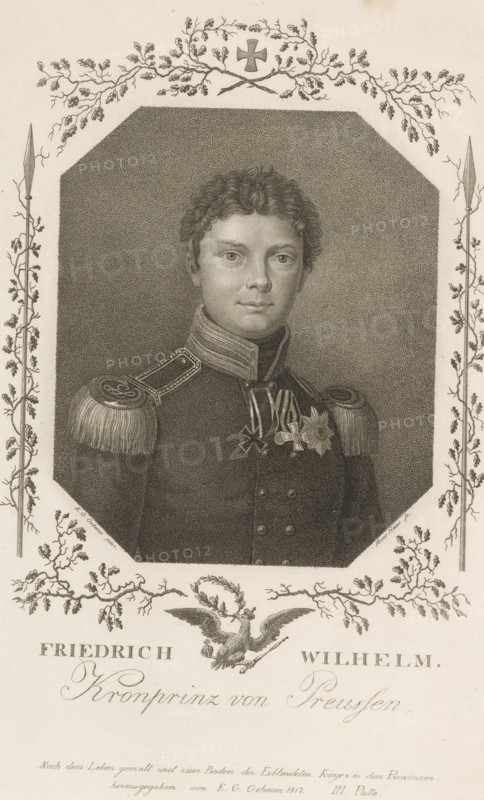 Portrait of Friedrich Wilhelm IV, print, printmaker: Meno Haas, after painting by Paul Ernst Gebauer, 1817, paper, stippelwerk, etching, height 274 mm x width 210 mm, Person, Frederick William IV (King of Prussia), historical persons, ruler, sovereign, medals and other marks of military honor, predatory birds: eagle, insignia and symbols of sovereignty (crown, diadem, sceptre, orb, seal, standard, cloak, pectoral), casting weapons: spear, knighthood order (with NAME) - insignia of a knighthood order, eg: badge, chain (with NAME of order), A detailed engraved portrait of a young man in a military uniform with ornate shoulder epaulettes and a high collar, shown from the chest up and facing forward with a neutral expression and curly hair, wearing multiple medals and decorations on his chest; the portrait is set within an octagonal frame surrounded by decorative botanical branches and spears at the sides, with an ornamental emblem above and a stylized bird motif below.