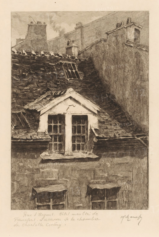 Exterior view of the window of a room in the Hôtel de Francfort, Street views of Paris, Le vieux Paris s'en va, print, In this room Charlotte Corday committed the murder of Jean-Paul Marat on July 13, 1793., printmaker: Henri Manesse (signed by artist), France, after design by Henri Manesse, 1906 - 1911, Henri Manesse, printmaker, paper, etching, engraving, drypoint, intaglio printmaking technique, height 278 mm x width 198 mm, This is the first series of a print series consisting of at least eleven series., hotel, hostelry, inn, façade (of house or building), Paris, Hôtel meublé de Francfort, Rue d'Argout, A detailed sepia-toned drawing of a rooftop scene showing sloped tiled roofs, a small dormer with divided window panes and a triangular pediment, nearby angled skylights set into the tiles, tall chimney stacks rising above the roofline, a high vertical wall beside the roofs, textured brick and tile patterns across surfaces, and smaller awnings over lower windows toward the bottom ed...
