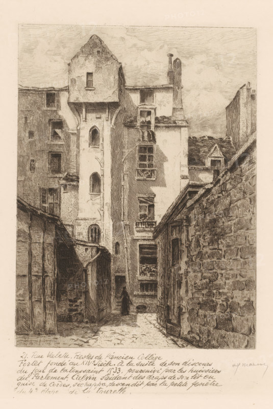 View of 21 rue Valette at the remains of the old college, Street views of Paris, Le vieux Paris s'en va, print, printmaker: Henri Manesse (signed by artist), France, after design by Henri Manesse, 1906 - 1911, Henri Manesse, printmaker, paper, etching, engraving, drypoint, intaglio printmaking technique, height 274 mm x width 206 mm, This is the eleventh series of a print series that consists of at least eleven series., urban housing, street, Paris, Rue Valette, A narrow cobblestone alley framed by tall, closely spaced buildings with textured stone and plaster facades fills the scene, showing a mix of windows, small balconies, and arched openings; a solitary cloaked figure stands near the alley's center, silhouetted against the lighter wall beyond. The left side features a recessed, darker passage and rough wooden structural elements, while the right side is dominated by a high stone wall with visible masonry lines. In the background a taller building rises with irregular rooflines, ch...