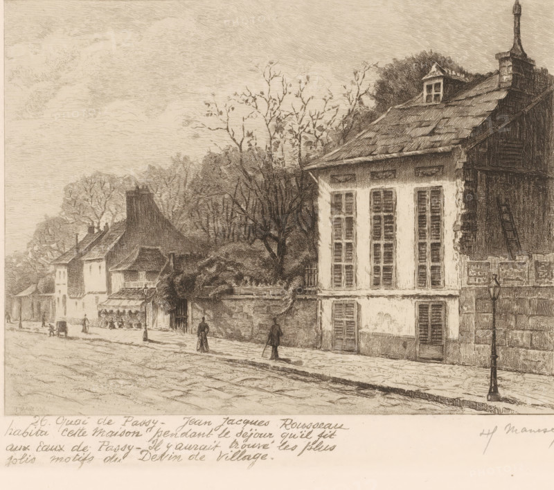 View of a house at 26 Quai de Passy in Paris where Jean Jacques Rousseau lived, Street views of Paris, Le vieux Paris s'en va, print, printmaker: Henri Manesse (signed by artist), France, after design by Henri Manesse, 1906 - 1911, Henri Manesse, printmaker, paper, etching, drypoint, engraving, aquatint, intaglio printmaking technique, height 205 mm x width 277 mm, This is the eleventh series of a print series that consists of at least eleven series., street, Paris, Quai de Passy, A sepia-toned detailed etching of a street scene showing a row of buildings with varied roofs and windows, a large house with tall shuttered windows and a pitched roof on the right, leafless trees and dense foliage behind the buildings, a stone wall and gate in front of part of the buildings, several small human figures walking along the sidewalk, a streetlamp near the curb, cobbled street surface in the foreground, and handwritten script along the bottom edge.