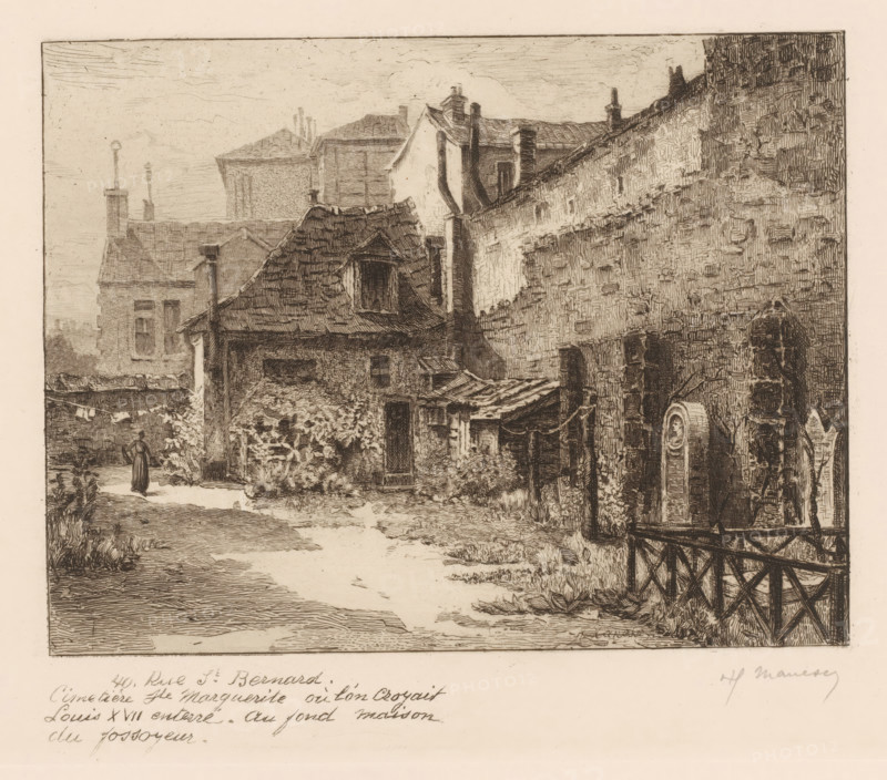 View of a cemetery at 40 Rue St. Bernard, Street views of Paris, Le vieux Paris s'en va, print, printmaker: Henri Manesse (signed by artist), France, after design by Henri Manesse, 1906 - 1911, Henri Manesse, printmaker, paper, etching, engraving, drypoint, intaglio printmaking technique, height 220 mm x width 267 mm, This is the eleventh series of a print series that consists of at least eleven series., cemetery, park-like burying ground, Paris, Rue Saint-Bernard, A sepia-toned etching of a narrow courtyard scene bordered by tall stone and brick buildings with varied rooflines and chimneys, showing textured walls, tiled roofs, and small windows; a sloped pathway leads inward past a low fence with a gate and a circular sign or barrel mounted on a wall; vegetation and bushes grow along the edges and near doorways; a woman in a long dress stands on the path near the left side; awnings and doorways open into shaded recesses beneath overhanging roofs; fine linear hatching and crosshatching...