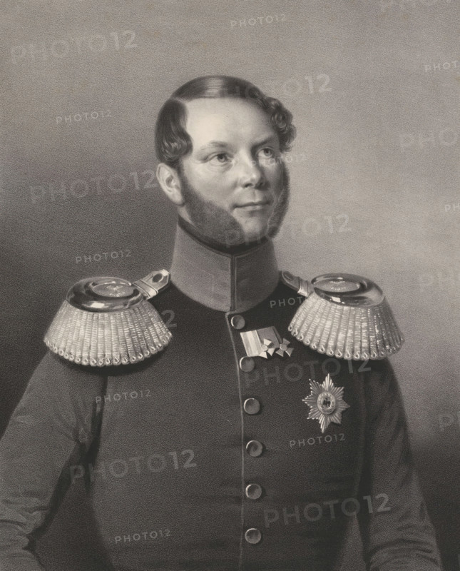 Portrait of an unknown man, possibly Nicolaus Prince of Prussia, print, check stamp: 'Julius Kuhr in Berlin', printmaker: Carl Wildt, after drawing by Friedrich Randel, printer (person): Königliches Lithographisches Institut, Berlin, publisher: Julius Kuhr, 1830 - 1860, printer (person), paper, chine collé, lithography, height 566 mm x width 420 mm, historical persons, adult man, beard, A black and white portrait of a man shown from the chest up wearing a dark military uniform with a high collar and decorative shoulder epaulettes with fringed tassels and shiny round fittings, a row of round buttons down the front, a star-shaped medal pinned on the left side of his chest, and additional crossed medals near the collar; he has neatly combed hair with curled side locks, full sideburns, and a calm facial expression while looking slightly upward and to the right against a plain textured background.