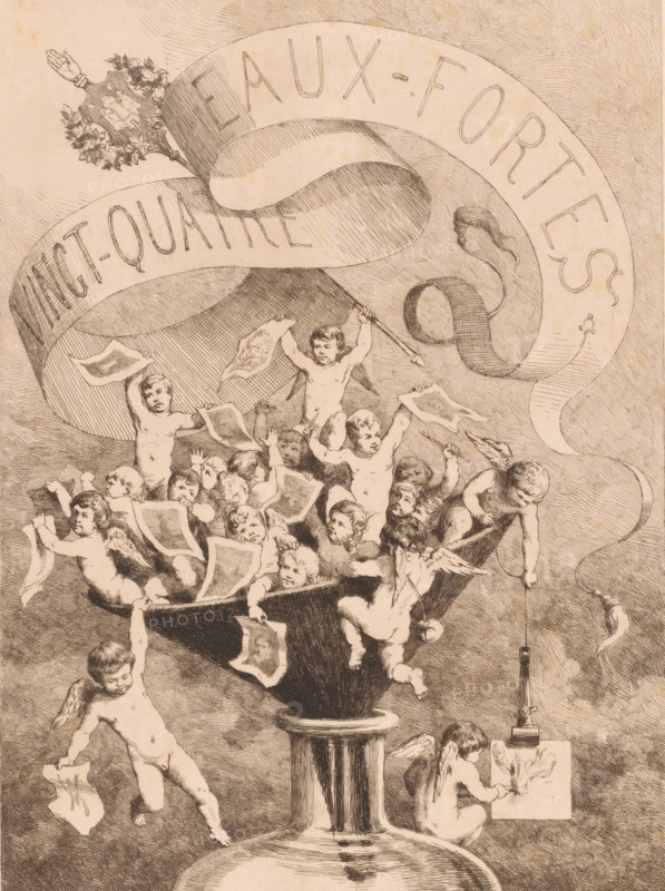 Twenty-four eaux-fortes, Funnel with putti holding prints in their hands, Album of the Antwerp Etchers 1882, print, title page, mark: 'Antwerp Etchers 1880', printmaker: Frans Van Kuyck, 1882, paper, etching, intaglio printmaking technique, etching with plate tone, height 322 mm x width 240 mm, This print is probably intended as the title page for: Album of the Antwerp Etchers. Sl: Association of the Antwerp Etchers, 1882., cupids: 'amores', 'amoretti', 'putti', the graphic arts, kitchen-utensils: funnel, A detailed pen-and-ink drawing shows a large ornate vase perched on a pedestal, its wide bowl overflowing with many small cherubic figures, some with tiny wings, clustered and reaching outward while holding pieces of paper and small flags; a few cherubs sit on the rim or hang from the sides, one descending toward a suspended object on a cord and another seated on the floor sketching or painting on a sheet propped before them; above the scene a large flowing ribbon curls across the top...