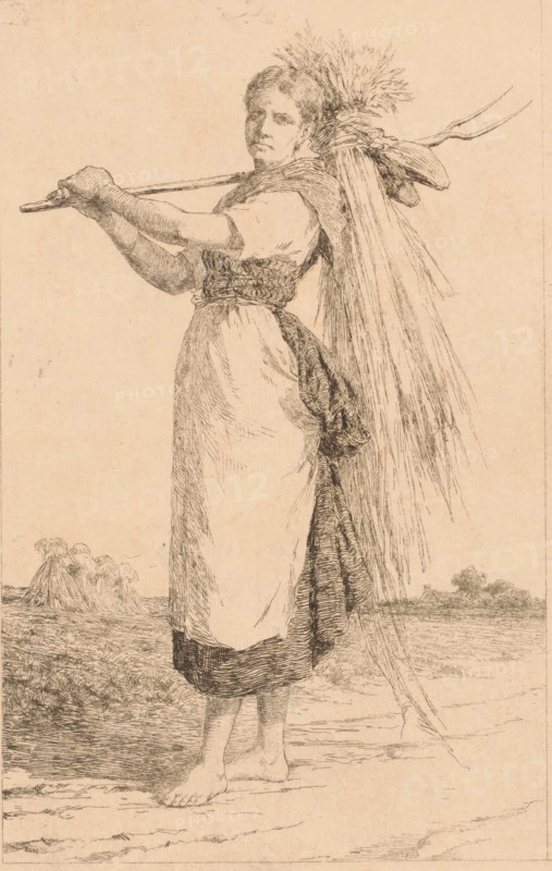 Young woman walks barefoot through the countryside with a pitchfork over her shoulder, print, printmaker: Frans Van Kuyck, 1862 - 1911, paper, etching, intaglio printmaking technique, etching with plate tone, height 268 mm x width 199 mm, adolescent, young woman, maiden, agricultural implements: pitchfork, A standing woman in a simple dress and apron is shown in a sketch style, facing slightly toward the viewer with her arms extended to hold a long pole across her shoulders; she has a bundle of long stalks or sheaves tied and resting on her shoulder and back, with loose strands falling down beside her. Her hair is short and tucked close to her head, and a piece of cloth is wrapped around her waist and draped at her side. She stands barefoot on a textured ground with distant low mounds or haystacks and a small tree visible on the horizon. The image is rendered with fine lines and shading on a light, slightly textured background.
