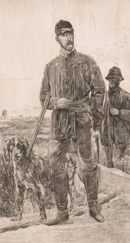 Hunter's portrait by Constant Van den Berghe, print, annotation: '1er Etat de la planche', printmaker: Frans Lauwers (signed by artist), 1864 - 1911, Frans Lauwers, printmaker, paper, etching, intaglio printmaking technique, height 346 mm x width 196 mm, Person, Constant Van den Berghe, historical persons, A tall man in a buttoned coat and cap stands with one hand resting on a belt and the other holding a long, thin object that leans against the ground; he has facial hair and a serious expression. Beside him is a large, long-haired dog with a patterned coat standing on the ground. Behind the tall man, a second man wearing a hat and heavy outerwear stands slightly turned, holding a staff or stick. The scene shows an outdoor landscape with low vegetation and distant horizon lines, and the image is rendered in a detailed, textured monochrome style.