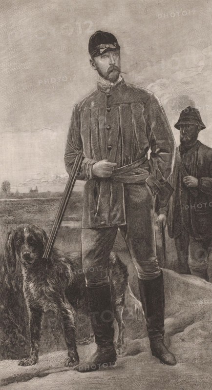 Hunter's portrait by Constant Van den Berghe, print, printmaker: Frans Lauwers (signed by artist), 1864 - 1911, Frans Lauwers, printmaker, paper, chine collé, etching, intaglio printmaking technique, height 346 mm x width 196 mm, Person, Constant Van den Berghe, historical persons, A tall man stands facing slightly to the side wearing a buttoned coat with a belt and high boots, a cap on his head, and a mustache and beard, one hand resting on the belt and the other holding a long gun that rests on the ground; next to him a long-haired dog stands looking forward; behind him a second man in a hat and coat stands partially visible with one hand on a strap; the background shows an open landscape with low vegetation and a cloudy sky.