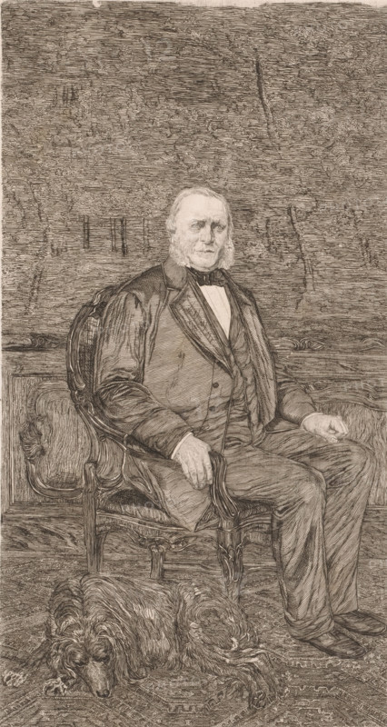 Portrait of an unknown man, possibly Senator Van den Berge Elsen, print, annotation: '1er etat de la planche', printmaker: Frans Lauwers (signed by artist), 1864 - 1911, paper, etching, height 349 mm x width 195 mm, historical persons, An etched portrait shows an older man seated in an ornate carved armchair, wearing a formal three-piece suit with a bow tie and a long coat, his hands resting on the chair arms and his legs crossed at the ankles, with closely cropped hair and prominent sideburns and a neutral facial expression; behind him is a textured wall with woodgrain-like lines and paneling at chair-back height, and beneath the chair an intricately patterned rug extends across the floor where a large long-haired dog lies curled, head lowered and eyes open.