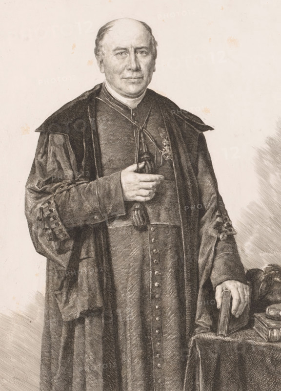 Portrait of a bishop, possibly Monsignor Lamy, print, annotation: '1er Etat de la planche', printmaker: Frans Lauwers (signed by artist), after painting by Jozef Marie Louis Janssens, 1885, paper, etching, proof print, height 358 mm x width 237 mm, historical persons, archbishop, bishop, etc. (Roman Catholic), A monochrome portrait of a middle-aged man wearing clerical robes, shown from head to mid-thigh, with a bald forehead and short hair at the sides, a composed facial expression, and eyes looking forward; he wears a buttoned cassock with a decorative sash and an overgarment with wide sleeves and embroidered cuffs, a medal pinned to his chest, and holds a small object near his torso while his other hand rests on a closed book placed on a draped table surface.