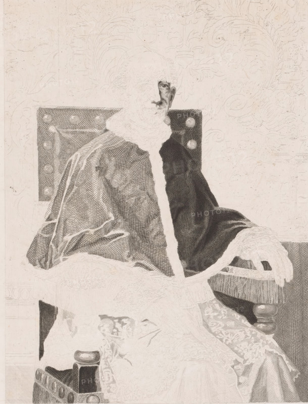 Portrait of Pope Leo Jozef Marie Louis Janssens, paper, chine collé, etching, proof, height 365 mm x width 260 mm, Person, Leo XIII, pope, A seated figure wearing a heavy cloak with a fur-lined trim is depicted in a detailed engraved style; the figure rests one arm on an armrest with a visible hand and fingers, and the other arm drapes across the lap. The cloak shows dense crosshatching and flowing folds, and the chair behind the figure has a patterned back with circular decorative studs. The background features faint ornamental foliage and scrollwork designs. The visible portion of the figure’s face is partially shaded with fine lines, and the overall image uses monochrome line work and stippling to render texture and shading.