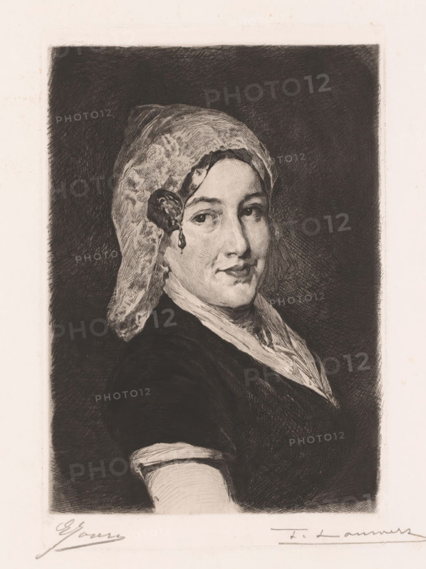 Kaatje, Portrait of an unknown woman, print, printmaker: Frans Lauwers (signed by artist), after design by Eugène Joors (signed by artist), 1864 - 1911, paper, etching, drypoint, intaglio printmaking technique, height 240 mm x width 158 mm, adult woman, A monochrome portrait of a woman shown from the shoulders up, turned slightly to one side, wearing a patterned headscarf that covers her hair and drapes down behind her, a dark dress with a lighter collar, and a faint smile on her face; the background is heavily shaded and contrasts with the lighter tones of her face and headscarf.