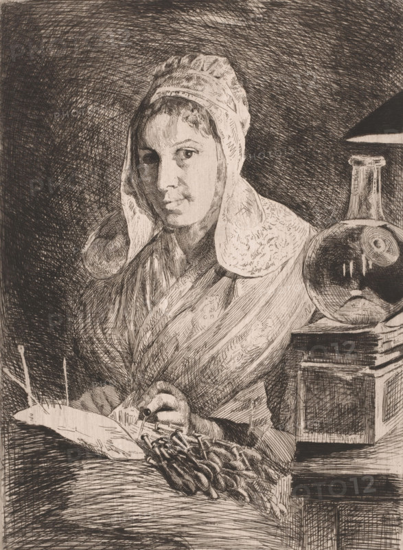 Woman making lace, print, annotation: '1er Etat de la planche', printmaker: Frans Lauwers (signed by artist), after painting by Walter Sanford, 1885, paper, etching, drypoint, etching and drypoint, proof print, height 319 mm x width 222 mm, lace-making, A detailed pen-and-ink portrait of a woman wearing a head covering and shawl, shown from the torso up and turned slightly toward the viewer, with a calm facial expression and closely rendered hair at the forehead; her hands rest on a surface holding a small object and a bundle of elongated items; a round glass vessel sits on a stacked base to her side beneath a curved shade; the background and clothing are filled with dense crosshatching and fine linear texture.