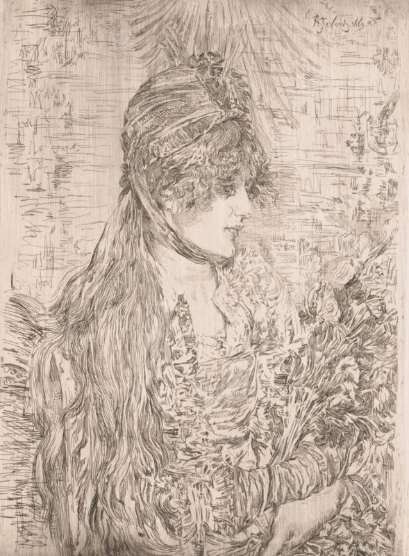 Portrait of an unknown young woman with a bouquet in her arms, print, annotation: '1er Etat', printmaker: Frans Lauwers (signed by artist), after design by Alfred Stevens, 1864 - 1911, paper, etching, intaglio printmaking technique, height 249 mm x width 184 mm, adolescent, young woman, maiden, A finely detailed line drawing of a person in profile facing right, with long wavy hair cascading down their back and a patterned headscarf tied under the chin, wearing layered textured clothing and holding a cluster of flowers near the chest, all rendered with delicate crosshatching and short strokes against a lightly textured background.