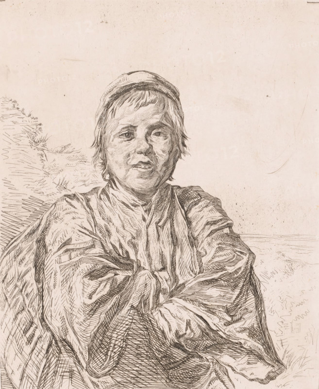Young fisherman, print, annotation: '1er Etat', printmaker: Frans Lauwers (signed by artist), after painting by Frans Hals, 1864 - 1911, paper, etching, intaglio printmaking technique, etching with plate tone, proof print, height 317 mm x width 236 mm, fisherman, A sepia-toned pen drawing of a person shown from the chest up, wearing a loose, draped garment and a cap, with short hair framing the face; the figure's arms are crossed and the facial expression is neutral, rendered with fine, varied hatch marks that define contours and shadows; the background is mostly blank with faint sketchy lines and textured marks suggesting distant landscape elements and subtle surface blemishes on the paper.