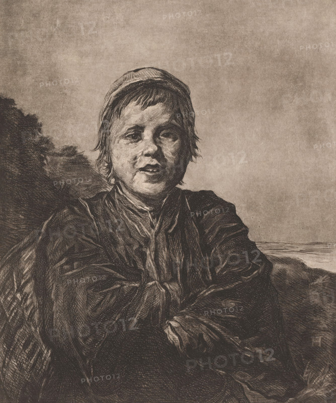 Young fisherman, print, workshop stamp: 'Antwerpsche Etsers 1880', printmaker: Frans Lauwers (signed by artist), after design by Frans Hals, 1864 - 1911, paper, etching, drypoint, intaglio printmaking technique, height 317 mm x width 236 mm, fisherman, A monochrome sketch of a young person shown from the waist up, wearing a loose, textured garment and a cap, with short hair peeking from beneath the cap; the face is detailed with visible shading around the eyes, nose, and mouth and the expression appears neutral to slightly open-mouthed; one arm is folded across the body while the other rests lower, both hands partially visible; the background is mostly empty with subtle shading and a suggestion of darker textured foliage or rocks on one side and a faint horizontal line near the edge suggesting a distant horizon.