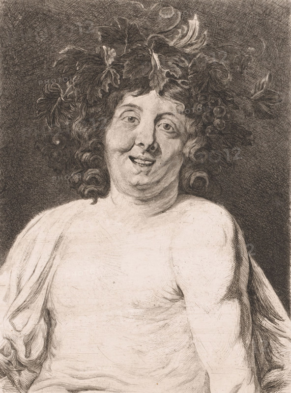Head of the young Bacchus, print, annotation: '1er État', printmaker: Frans Lauwers (signed by artist), after painting by Jacques Jordaens, 1864 - 1911, paper, etching, intaglio printmaking technique, height 317 mm x width 236 mm, (story of) Bacchus (Dionysus), Liber, A detailed engraving of a bust-length figure with curly hair adorned with large leaves and grape clusters, a rounded face with a slight smile and relaxed eyes, visible shoulders and upper torso draped in a loose cloth, finely crosshatched shading in the background and on the hair and skin, and flowing lines suggesting texture on the drapery and body.