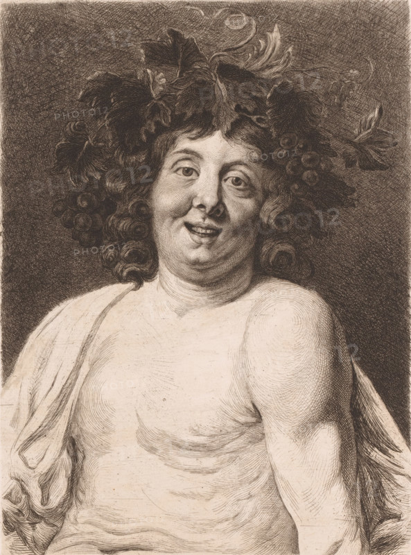 Head of the young Bacchus, print, annotation: '3em État', printmaker: Frans Lauwers (signed by artist), after painting by Jacques Jordaens, 1864 - 1911, paper, etching, intaglio printmaking technique, height 317 mm x width 236 mm, (story of) Bacchus (Dionysus), Liber, A sepia-toned etched portrait of a person shown from the chest up with loose drapery over one shoulder, curly hair adorned with large leaves and clusters of round fruit, a round face with slightly parted lips and a faint smile, relaxed eyes, and soft shading that defines the neck, shoulders, and torso against a densely cross-hatched dark background.