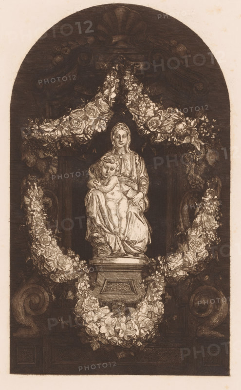 Image of Christ and Mary in a floral wreath, Bruges Madonna, print, printmaker: Josef Lemmens (signed by artist), after sculpture by Michelangelo, 1886, Michelangelo, after sculpture by, paper, chine collé, etching, intaglio printmaking technique, height 318 mm x width 199 mm, Date of death of printmaker unknown. Therefore, the acquisition date has been used to determine the rights to this object., Madonna: ie Mary with the Christ-child, A monochrome engraved image shows a seated female figure holding a child on her lap, both rendered with detailed line work and drapery; the woman wears a head covering and a flowing robe while the child is nude and leans against her. They are positioned on a pedestal with ornamental edges, and an elaborate garland of flowers and leaves frames them in an arched composition, draping from above and looping down on either side. Swirling decorative scrollwork and carved architectural elements flank the central figures, and dense crosshatching fills the back...