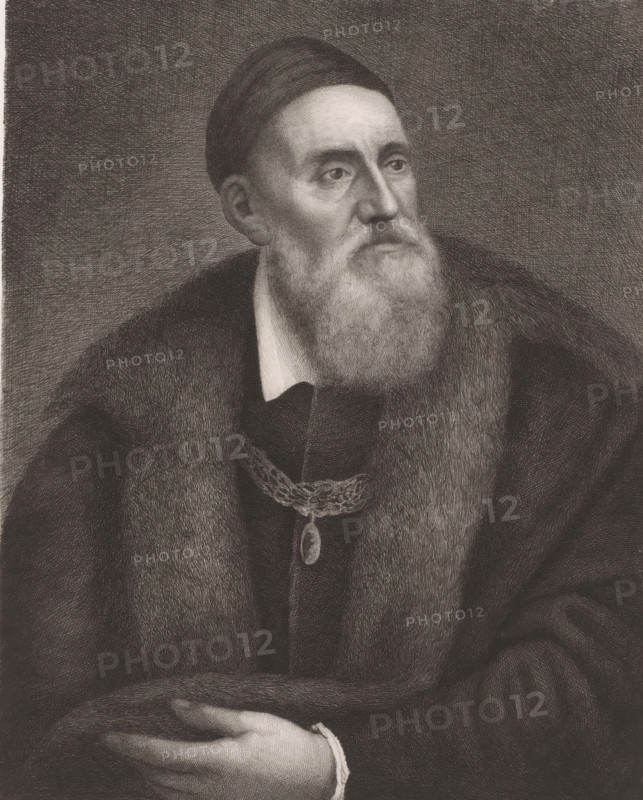 Portrait of an unknown man, print, inscription: 'L. Le Nain aquf. Roma mai 1883', printmaker: Louis Le Nain (signed by artist), 1883, paper, chine collé, etching, intaglio printmaking technique, etching with plate tone, height 295 mm x width 215 mm, historical persons, adult man, beard, A black and white engraved portrait of an older man shown from the torso up wearing a dark cap and a heavy fur-lined cloak, with a long full beard and mustache and a white collar visible at his neckline; his gaze is directed slightly to the side and his facial features are rendered with fine crosshatching; a decorative chain with a pendant hangs around his neck over dark clothing; one hand rests on the fur at his lap with the cuff of a sleeve visible.