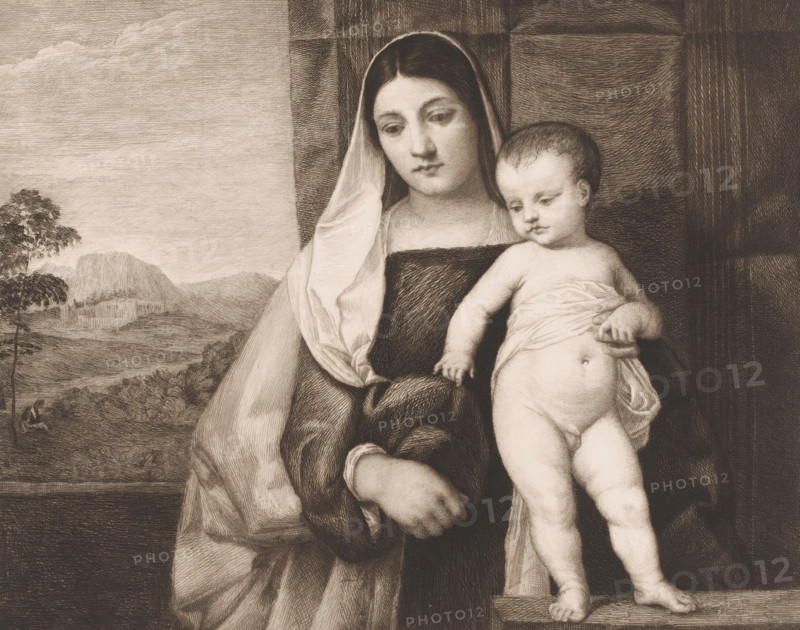 Mary with the Christ Child in front of a wall, print, inscription: 'L. LeNain aquf. Vienna 7 bn 1882', printmaker: Louis Le Nain (signed by artist), after design by Titian (attributed to), 1882, Attributed to, paper, chine collé, etching, intaglio printmaking technique, etching with plate tone on chine collé, height 250 mm x width 280 mm, The print was made after a painting by Titian that is in the collection of the Kunsthistorisches Museum in Vienna (inventory number 95) and is titled 'Zigeunermadonna' there., landscapes in the temperate zone, fence, wall, paling, Mary standing (or half-length), the Christ-child on her arm (Christ-child to Mary's left) - FF - the Christ-child to Mary's right, A sepia-toned drawing of a seated woman holding a young child, both shown from the waist up; the woman wears a draped head covering and a dark garment with visible folds, her face turned slightly downward with a calm expression, while the child is partly wrapped in cloth and rests on a ledge with...