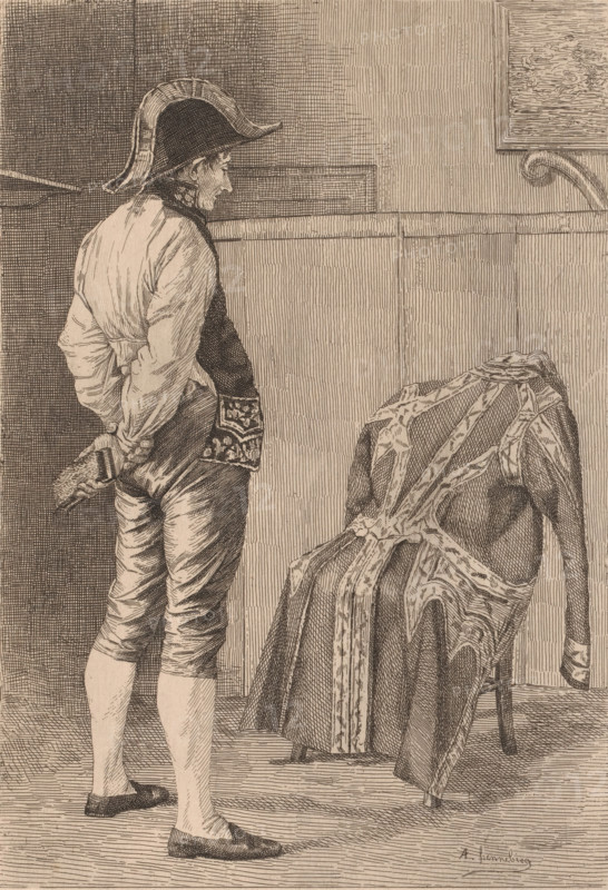 Man with a clothes brush looks at his coat hanging over a chair, print, inscription: '1er etat', printmaker: Louis Le Nain (signed by artist), after design by André Hennebicq, 1861 - 1911, paper, etching, intaglio printmaking technique, etching with plate tone, height 313 mm x width 213 mm, adult man, (military) uniforms, coat, cape, care of clothes, eg: brushing, beating, airing, A side view of a person standing indoors wearing a wide-brimmed hat and a long-sleeved shirt with a waistcoat, hands clasped behind their back, facing a wooden paneled wall; beside them a draped garment with decorative trim hangs over the back of a chair, the garment showing folds and patterned bands, and a framed picture hangs on the wall above a curved molding.