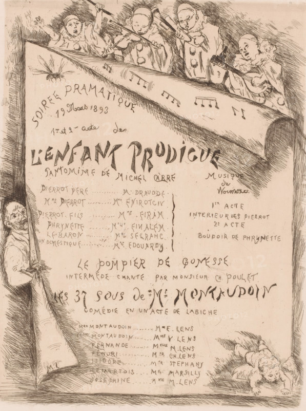 Announcement and program for a theater evening, print, printmaker: Lens, 1893, paper, etching, intaglio printmaking technique, height 238 mm x width 181 mm, Date of death of printmaker unknown. Therefore, the acquisition date has been used to determine the rights to this object., single printed leaf: broadsheet, leaflet, making music, musician with instrument, types in 'commedia dell'arte': Pierrot, A vertical sepia-toned illustration showing a large rolled sheet held open by a group of four small figures at the top, each wearing ruffled collars and holding musical instruments or sticks, with musical notes drawn on the exposed part of the roll; a man peeks from the left edge holding the roll, his face and upper body visible; the lower right corner shows a small childlike figure lying on a cushion with one arm extended; the background and margins are filled with fine cross-hatched pen strokes and decorative lines.