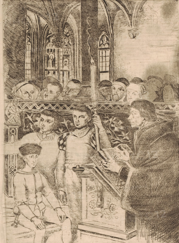 Emperor Charles V being taught, print, printmaker: Henri Leys (baron), 1825 - 1869, paper, etching, intaglio printmaking technique, height 249 mm x width 180 mm, Person, Charles V (Holy Roman Emperor and King of Spain), education, A detailed monochrome etching shows an interior with vaulted arches and tall narrow windows, one window containing ornamental panels. In the foreground a seated young figure wearing a soft hat and simple fitted garments sits beside a standing youth in patterned sleeves holding a tall staff. A robed figure with a fur-lined cloak stands behind a carved lectern, hands resting on an open book. Behind a carved screen, a row of faces peers forward over the top, with varied head coverings and expressions. The carved architectural elements include floral and geometric motifs, a small statuette, and a decorative frieze, and shading is rendered with fine cross-hatching and linear strokes.