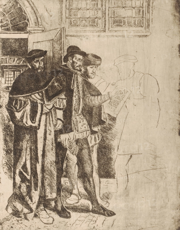 Plantijn and three others in the printing house, print, printmaker: Henri Leys (baron), 1825 - 1869, paper, etching, drypoint, intaglio printmaking technique, height 251 mm x width 196 mm, Person, Christoffel Plantijn, printer, publishing, publisher, Antwerp, A sepia-toned etched scene shows three men on the left wearing long cloaks and hats, with detailed patterned garments and visible facial hair; one man in front extends an arm holding a rectangular object toward a faintly sketched fourth figure on the right whose outline and cap are lightly drawn and less defined. Behind the group are architectural elements including a window with small panes and a partially visible arched structure, and the floor beneath them shows textured cobblestone and shading. The image features fine linework and crosshatching, with darker, more finished rendering on the three clothed men and very light, sketchy lines for the standing figure on the right.