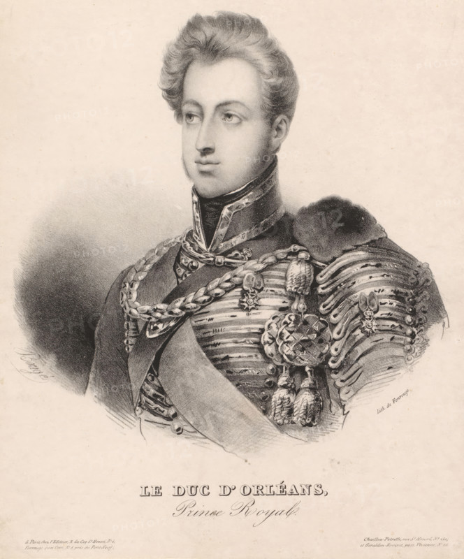 Le duc d'Orléans, Prince Royal, Portrait of Ferdinand-Philippe d'Orléans, print, book illustration, printmaker: E. Bougé, Paris, printer (person): Antoine Catherine Adolphe Fonrouge, publisher: Chaillou-Potrelle, publisher: Giraldon-Bovinet & Cie., publisher: Blaisot, c. 1831, printer (person), paper, lithography, lithografie, height 275 mm x width 230 mm, Print published in: 'Galerie Universelle de Blaisot', a book with 38 portraits of eminent men and women from the seventeenth to the nineteenth century., Person, Ferdinand Philippe (Duke of Orléans), historical persons, A monochrome portrait of a young man shown from the chest up wearing an ornate military uniform with braided cords, decorative buttons, tassels, and layered armor-like plates on one shoulder, his high collar framed by a patterned scarf, his hair styled away from his forehead in soft waves, his face turned slightly to one side with a neutral expression, a shaded background behind him and a blank lighter area surrounding...
