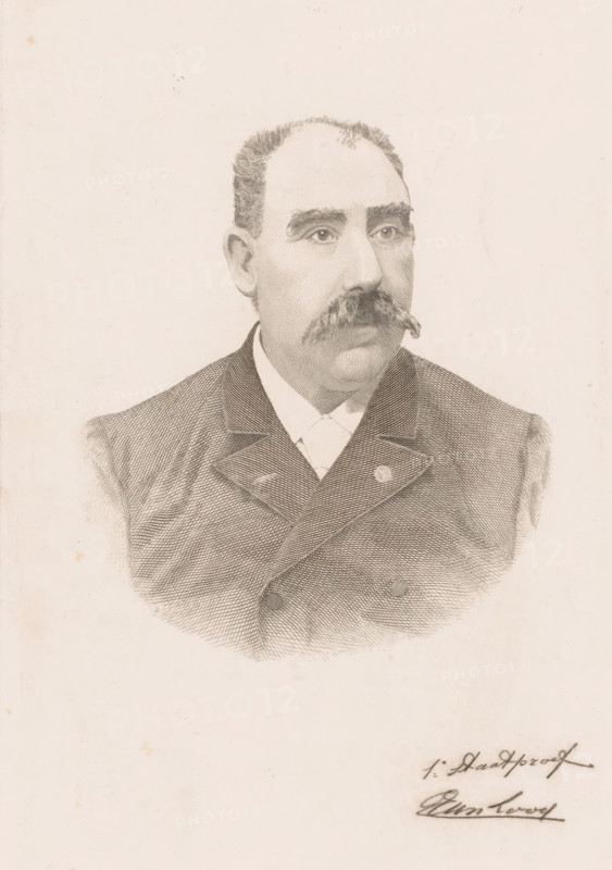 Portrait of François L'Hoëst, print, annotation: '1st state proof', printmaker: Joseph Edouard Van Looy (signed by artist), 1881 - 1912, Joseph Edouard Van Looy, printmaker, paper, etching, proof, height 298 mm x width 197mm, A monochrome engraved portrait of a middle-aged man shown from the chest up, featuring short hair, prominent eyebrows, a thick moustache, and a serious facial expression, wearing a double-breasted coat with wide lapels and a visible shirt collar beneath; the portrait is centered on a pale, textured background with some small spots and faint marks, and there are two handwritten signatures near the lower right corner.