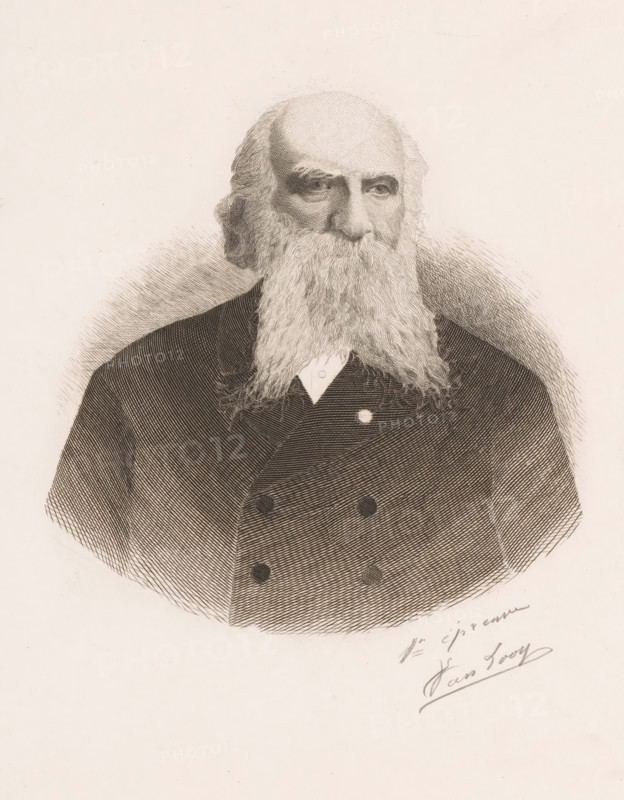 Portrait of Jacques Vekemans, print, annotation: '1er épreuve', printmaker: Joseph Edouard Van Looy (signed by artist), 1881 - in or before 1912, paper, etching, height 298 mm x width 197 mm, A sepia-toned engraved portrait of an older man shown from the chest up, with a long flowing beard that extends over his jacket, a high forehead with thinning hair at the top and fuller hair at the sides, deep-set eyes, and a solemn expression. He wears a double-breasted dark coat with visible buttons and a light-colored shirt collar peeking out, and the background is lightly shaded with fine crosshatching around the figure.