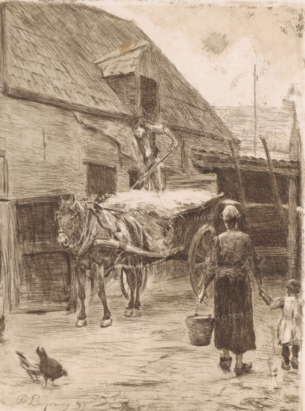 Farmer unloading hay from a wagon while the farmer's wife and son approach with a bucket, print, annotation: '2nd state of a proof, print published by 'Arte et Labore' 1893.', printmaker: Romain Looymans (signed by artist), 1893, Romain Looymans, printmaker, paper, etching, drypoint, intaglio printmaking technique, etching and drypoint with plate tone, height 238 mm x width 180 mm, farmers, courtyard, farm (building), A sepia-toned sketch of a rural scene showing a thatched-roof building with an open loft, a person standing on a cart using a long tool, a horse hitched to the cart with a blanket over its back, a woman seen from behind holding a bucket and leading a child by the hand toward the cart, a small bird on the ground in the foreground, rough wooden fences and wagon wheels, and textured sky and ground rendered with crosshatched lines.