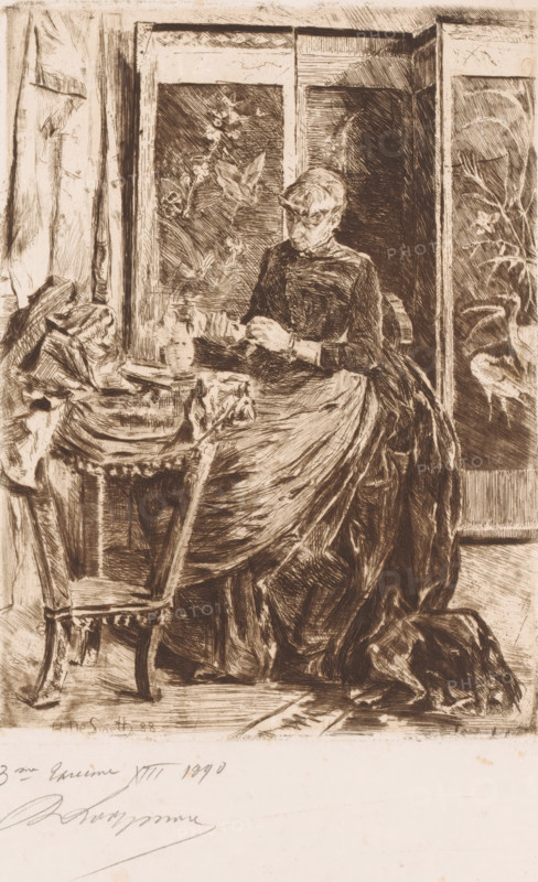 Woman working in an interior, print, annotation: '3me Epreuve', printmaker: Romain Looymans (signed by artist), after design by Henri De Smeth, 1890, paper, etching, drypoint, intaglio printmaking technique, etching and drypoint with plate tone, proof print, height 238 mm x width 179 mm, This print, or possibly a later print, was used in the suite, A seated woman in a long dark dress is shown indoors, her hands held together in front of her and her head slightly bowed, with detailed folds and drapery in her skirt. She sits beside a table covered with a cloth and objects, a chair with decorative legs and fringe nearby, and a vase on the table. Behind her are tall panels or windows with floral and bird motifs, and a curtain or drapery is visible to one side. The scene is rendered in dense hatched lines and rich tonal shading across the figures, furniture, and background.