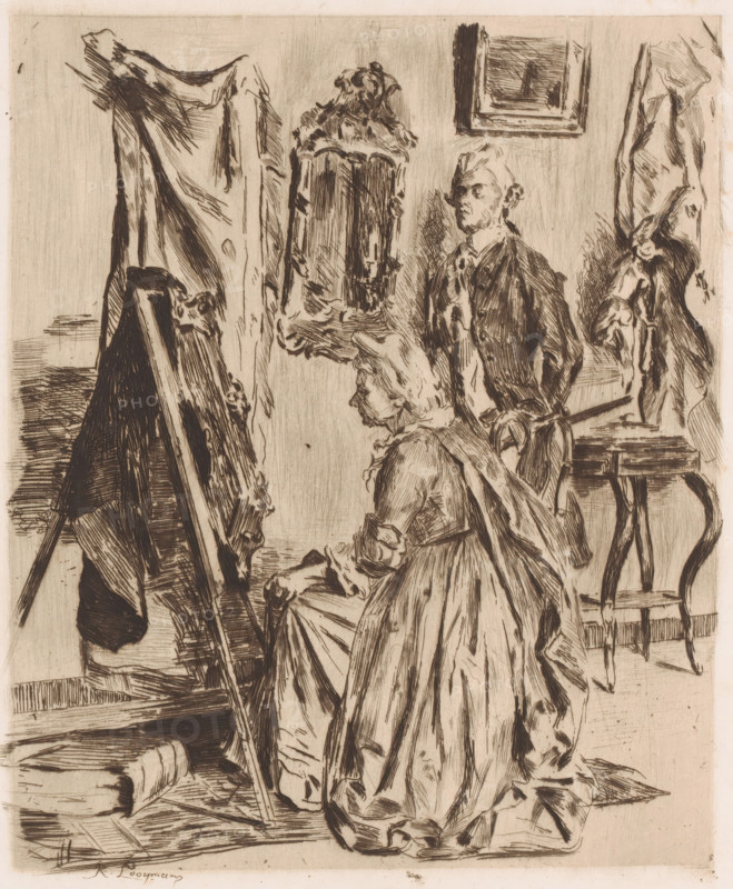 Interior with a man and woman at an easel with a framed work on it, print, annotation: '2e Etat 1 épreuve (inédit)', printmaker: Romain Looymans (signed by artist), 1889, paper, etching, drypoint, intaglio printmaking technique, etching and drypoint with plate tone, height 251 mm x width 198 mm, workshop, studio, painter, A monochrome etching of an interior scene showing two people and various furnishings rendered in fine linear strokes, with a seated woman in a voluminous dress and bonnet facing an easel and canvas, a standing man behind her wearing a jacket and cravat, ornate framed pictures on the wall, draped fabrics hanging in the background, a small table with stacked books and a chair beside it, visible floorboards and scattered papers, and the artist’s signature area along the bottom edge.