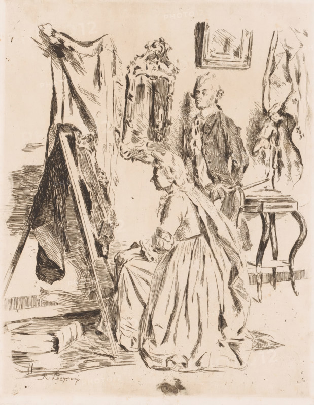 Interior with a man and woman at an easel with a framed work on it, print, annotation: '1e Etat deux epreuves', printmaker: Romain Looymans (signed by artist), 1889, paper, etching, intaglio printmaking technique, etching with plate tone, proof print, height 251 mm x width 198 mm, workshop, studio, painter, A monochrome sketch shows a seated woman in a full skirt and tied bodice facing an easel with a canvas, her hair styled with a ribbon, and her hands resting in her lap while a standing man in a jacket and waistcoat looks toward her; around them are draped fabrics, an ornate framed mirror on the wall, a small table with curved legs, and various studio props and supports scattered on the floor.