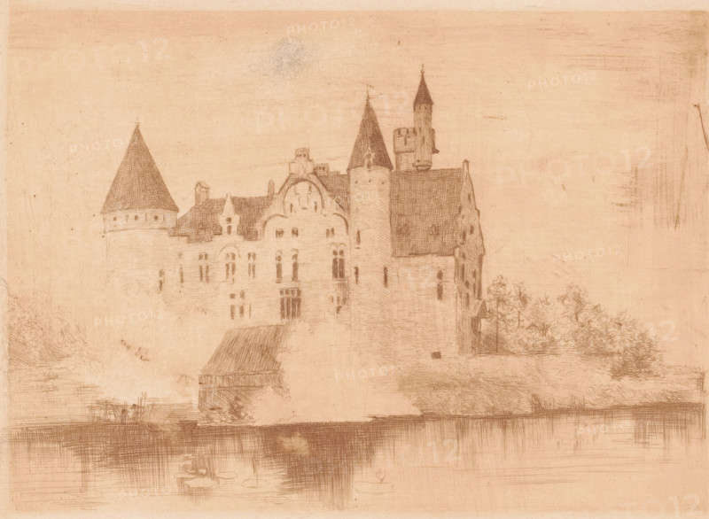 View of the Marnix de Sainte-Aldegonde castle in Bornem, print, annotation: 'Chateau Comte de Marnix ancien chateau des Comtes de Flandres Bornhem. 1 état', printmaker: Albert Van Holsbeeck (signed by artist), 1887 - 1912, paper, etching, intaglio printmaking technique, height 188 mm x width 255 mm, landscape with tower or castle, castle, Bornem, A sepia-toned drawing of a large stone building with multiple steep roofs and towers, one conical tower on the left and a taller pointed tower toward the center, detailed windows and arched gables along the facade, a rounded turret attached to the main structure, and a smaller pitched-roof outbuilding in front; faint tree foliage appears on the right and left edges, and subtle horizontal and crosshatched shading suggests water in the foreground with reflected shapes.