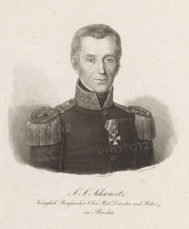 Portrait of IS Schwertz, print, printmaker: Robert Hertzberg, printer (person): Ludwig Buchhorn, 1800 - 1899, printer (person), paper, etching, steel engraving, height 242 mm x width 196 mm, Person, IS Schwertz, historical persons, A monochrome engraved portrait of a man shown from the chest up wearing a dark military-style coat with ornate high collar and large fringed epaulettes on the shoulders, a decorative medal pinned to his chest, short neatly combed hair, sideburns, and a calm facial expression with direct gaze, set against a plain lightly textured background.