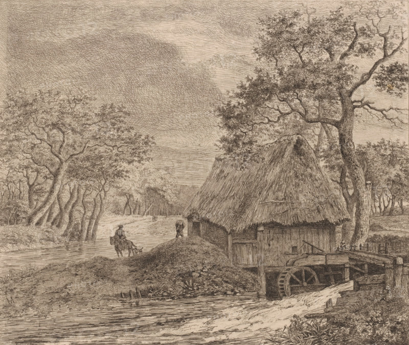 Landscape with watermill, print, printmaker: Jean Théodore Joseph Linnig, after design by Meindert Hobbema, 1872, paper, etching, intaglio printmaking technique, height 244 mm x width 281 mm, watermill in landscape, A detailed ink drawing of a rural riverside scene showing a thatched-roof building with a visible wooden waterwheel partially submerged at the building’s base, trees with twisting trunks and dense foliage surrounding the area, a winding river flowing past the building, a person riding a horse near the riverbank with a small dog beside them, another person walking nearby carrying something on their shoulders, a wooden fence and small bridge-like structure adjacent to the waterwheel, and layered cloud-filled sky above.