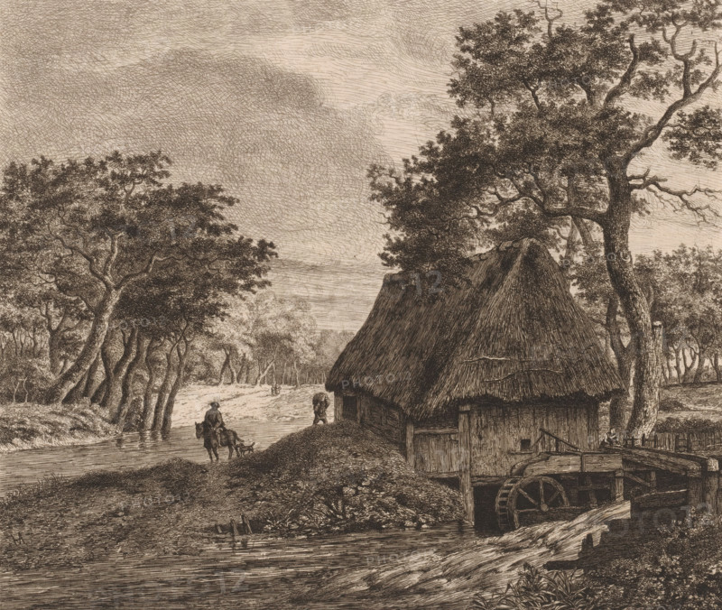 Landscape with watermill, print, printmaker: Jean Théodore Joseph Linnig, after design by Meindert Hobbema, 1872, paper, etching, intaglio printmaking technique, height 244 mm x width 281 mm, watermill in landscape, A detailed monochrome etching shows a rural scene with a thatched-roof building and a wooden water wheel partially visible by a flowing stream, tall trees with textured trunks and dense leafy canopies surrounding the area, a dirt path or riverbank leading into the distance where small figures and animals appear, a person on horseback with a small dog nearby, another person walking along the bank, and layered crosshatched clouds filling the sky.
