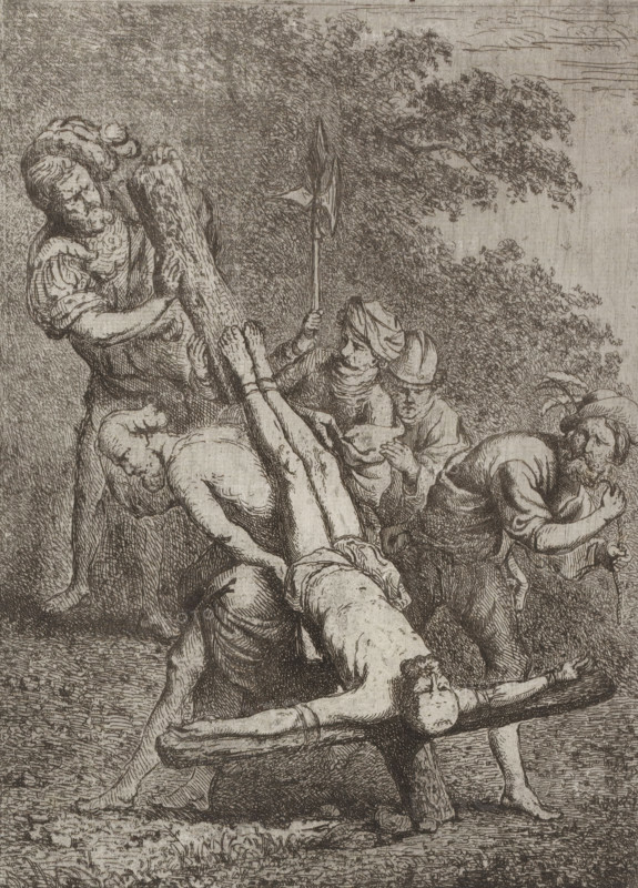 Crucifixion of Peter, print, printmaker: Jean Théodore Joseph Linnig, after drawing by Peter Paul Rubens, 1884, paper, etching, intaglio printmaking technique, etching with plate tone, height 276 mm x width 183 mm, Peter crucified upside down, A detailed monochrome etching shows several robed figures working with wooden beams and a horizontal structure resembling a crude bench; one central reclining figure lies on the bench with limbs extended and bound, head tilted back, and a wound visible on the side. Around this figure, a few men in period clothing strain to lift or maneuver a large rough log, their faces showing focused expressions and their hands gripping the wood; one man holds a long pole topped with a pointed head. Dense foliage and tree branches rise in the background behind the group, and the ground beneath them is textured with grass and earth. The scene is rendered with fine crosshatching and intricate line work throughout.